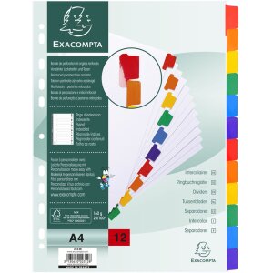 Exacompta 2312E Register Manila Karton DIN A4 12 farbige Taben Multilochung