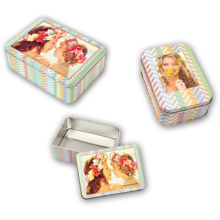 Căsuță foto metalică cu ramă în capac – pentru fotografii 4x6 cm sau 10x15 cm