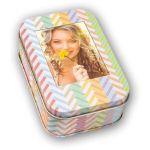 Căsuță foto metalică cu ramă în capac – pentru fotografii 4x6 cm sau 10x15 cm