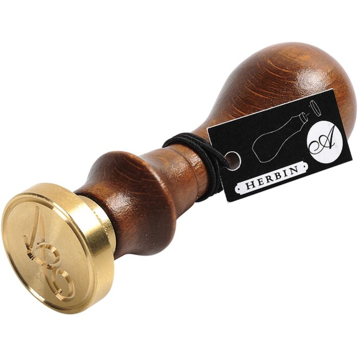 Sigiliu rotund J. Herbin cu maner din lemn și literă cursivă A-Z, 24 mm