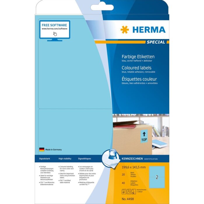 HERMA 4498 Etiketten A4 blau 199,6x143,5 mm Papier matt 40 St.