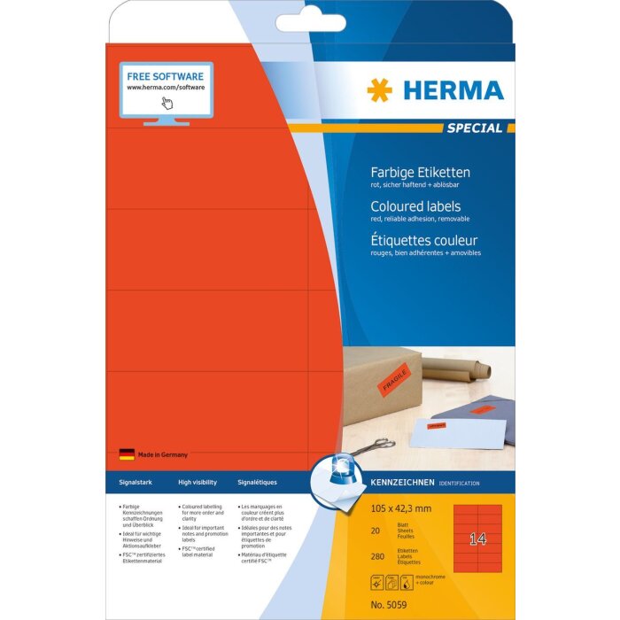 HERMA 5059 Etiketten A4 rot 105x42,3 mm Papier matt 280 St.