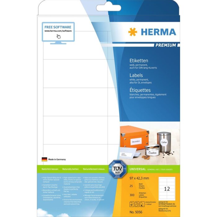 HERMA 5056 Etiketten Premium A4 96,5x42,3 mm weiß matt 300 St.