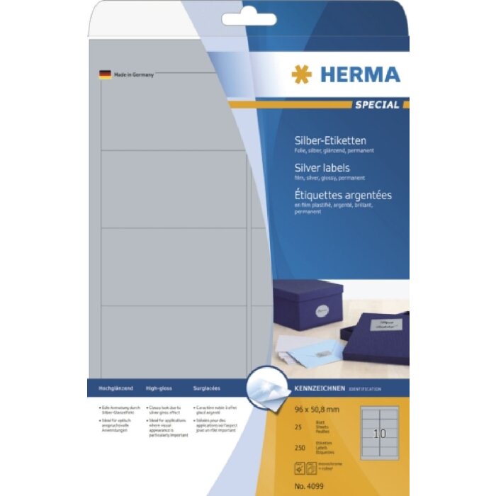 HERMA Etiketten A4 silber 96x50,8 mm glänzend Folie 250 Stück