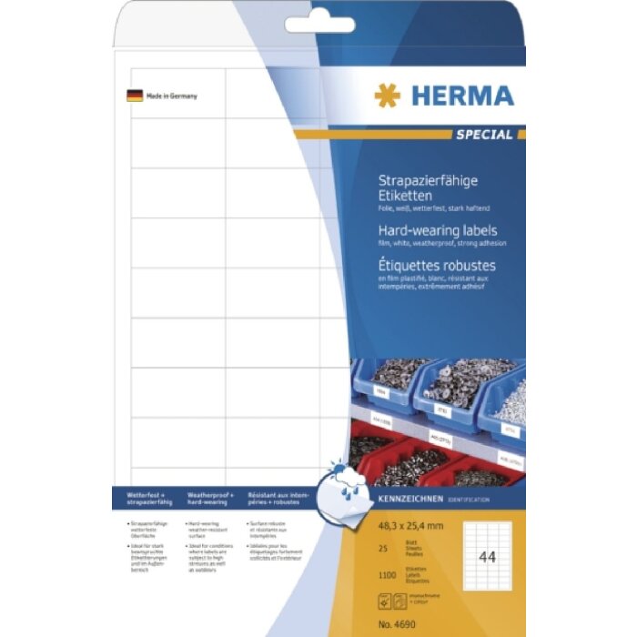 HERMA Etiketten A4 weiß 48,3x25,4 mm extrem stark haftend Folie matt 1100 St.