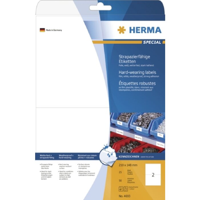 HERMA Etiketten A4 weiß 210x148 mm extrem stark haftend Folie matt 50 St.
