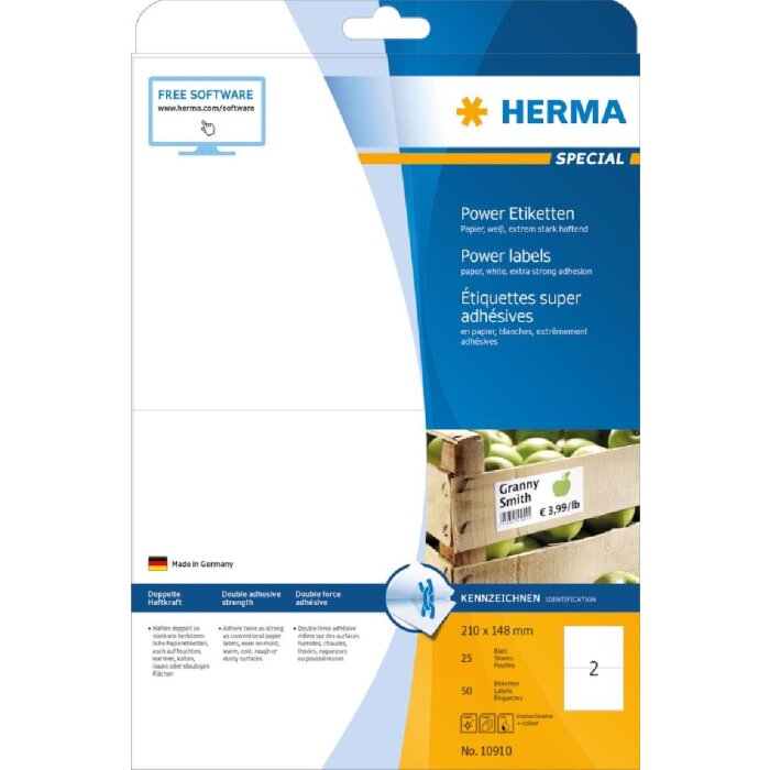 HERMA 10910 Etiketten A4 weiß 210x148 mm extrem stark haftend Papier matt 50 St.