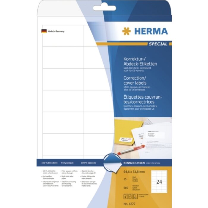 HERMA 4227 Korrektur Abdecketiketten A4 weiß 64,6x33,8 mm 600 St.