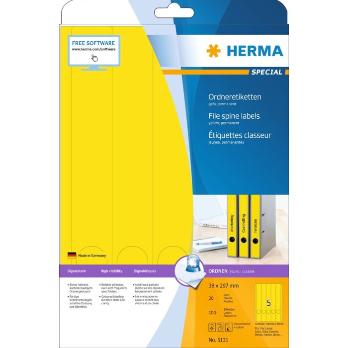 HERMA Ordneretiketten A4 gelb 38x297 mm Papier matt blickdicht 100 St.