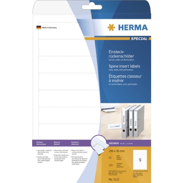 HERMA Einsteckrückenschilder A4 weiß 30x190 mm Karton nicht klebend 225 St.