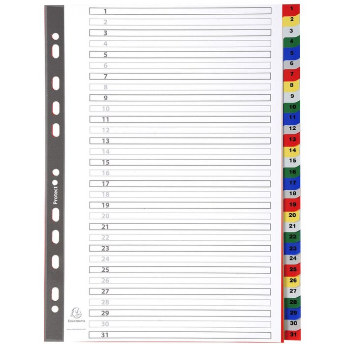 Exacompta 93E Register PP farbig mit Zahlenaufdruck 31 Fächer DIN A4 22,5x29,7cm