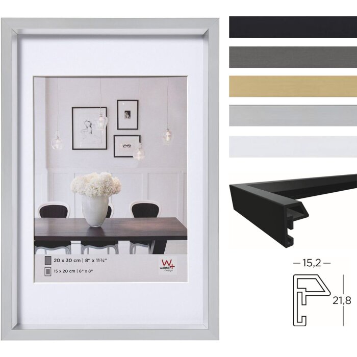 Ramă foto Walther Steel Style cu passepartout și sticlă clară
