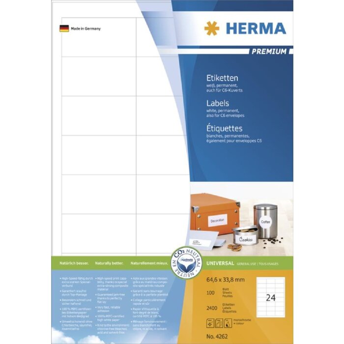 HERMA Etiketten Premium A4 weiß 64,6x33,8 mm Papier matt 2400 Stück
