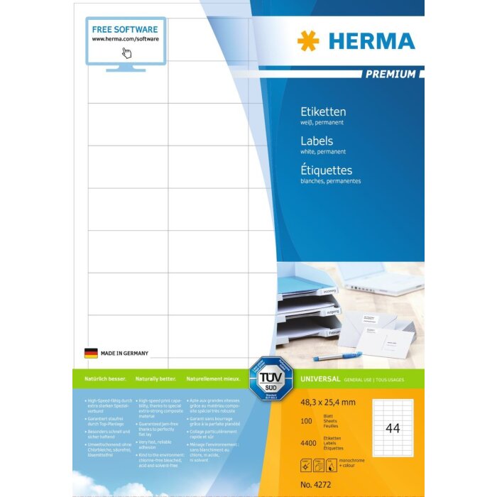 HERMA Etiketten Premium A4 weiß 48,3x25,4 mm Papier matt 4400 St.