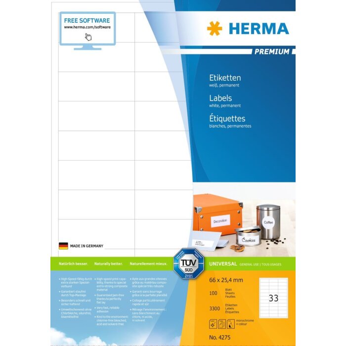 HERMA Etiketten Premium A4 weiß 66x25,4 mm Papier matt 3300 Stück