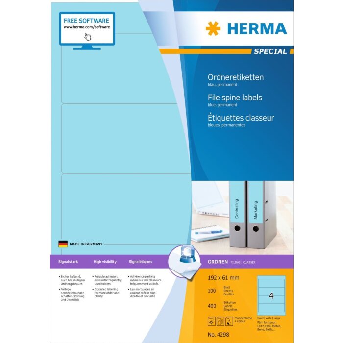 HERMA Ordneretiketten A4 blau 192x61 mm Papier matt blickdicht 400 St.