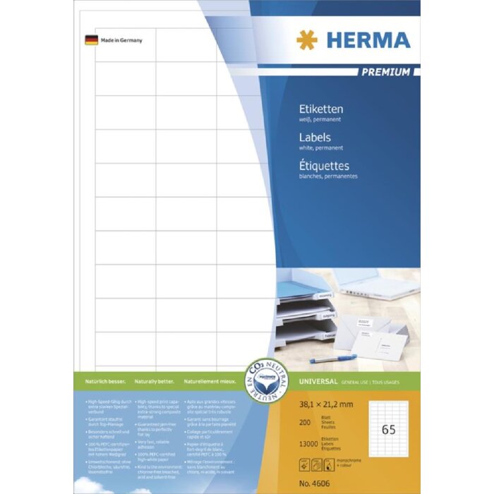 HERMA Etiketten Premium A4 weiß 38,1x21,2 mm Papier matt 13000 Stück