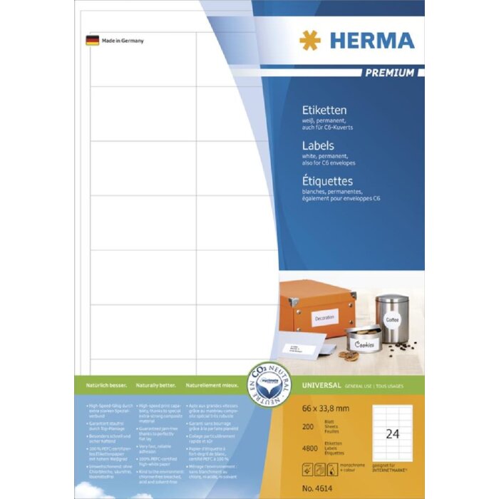 HERMA Etiketten Premium A4 weiß 66x33,8 mm Papier matt 4800 Stück