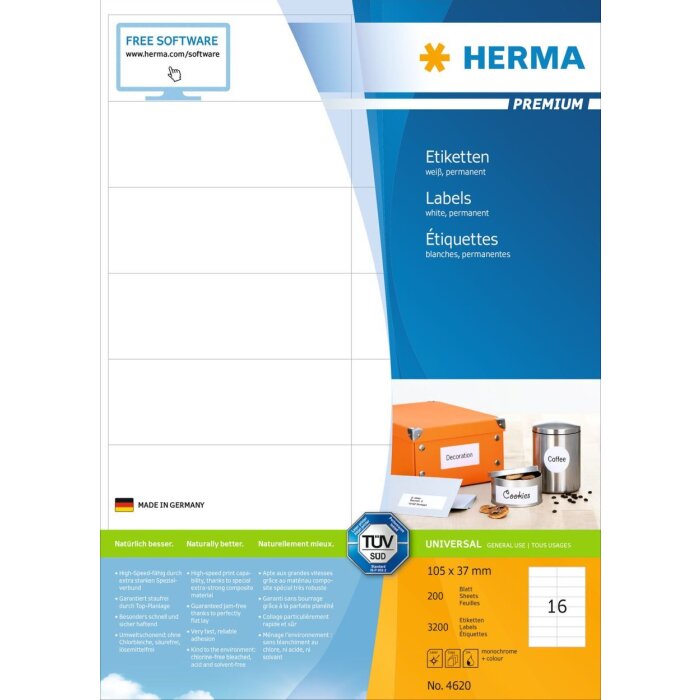HERMA Etiketten Premium A4 weiß 105x37 mm Papier matt 3200 St.