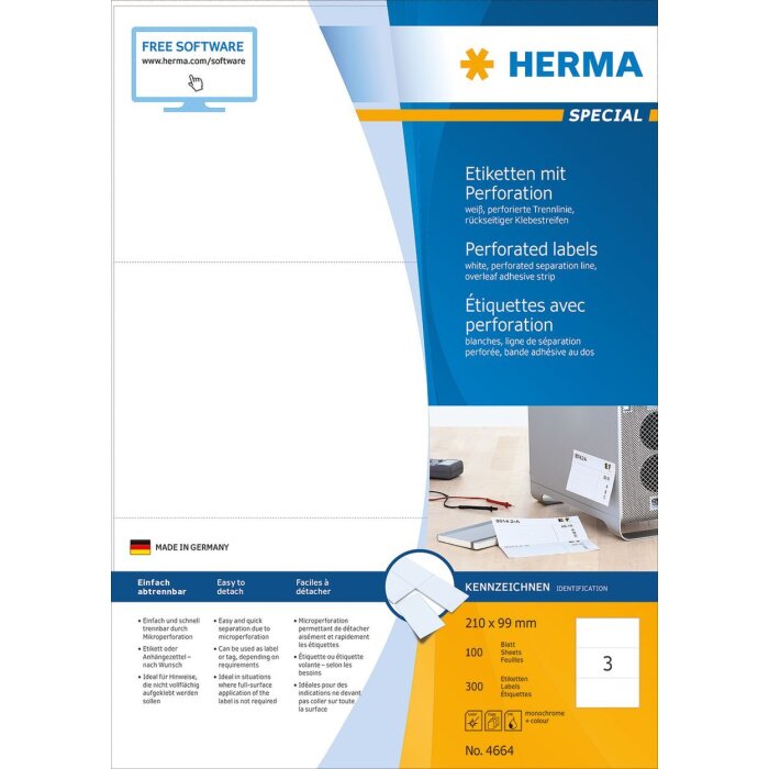 HERMA Etiketten A4 weiß 210x99 mm perforiert Papier matt 300 Stück
