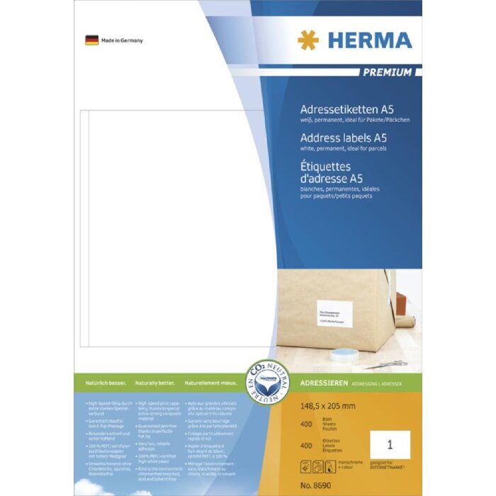 HERMA Adressetiketten Premium A5 weiß 148,5x205 mm Papier matt 400 St.