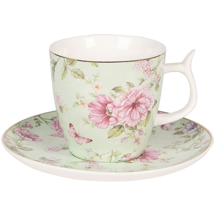 Clayre & Eef 6CE1071 Ceașcă de cafea cu farfurie 160 ml flori din porțelan