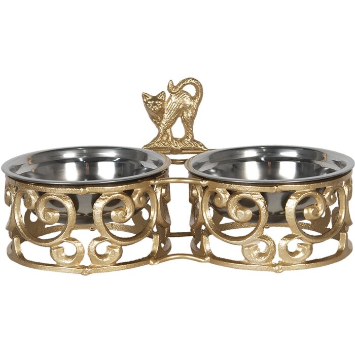 Clayre & Eef 6Y3486GO Bol de hrănire câine pisică 2x750 ml Metal auriu pisică