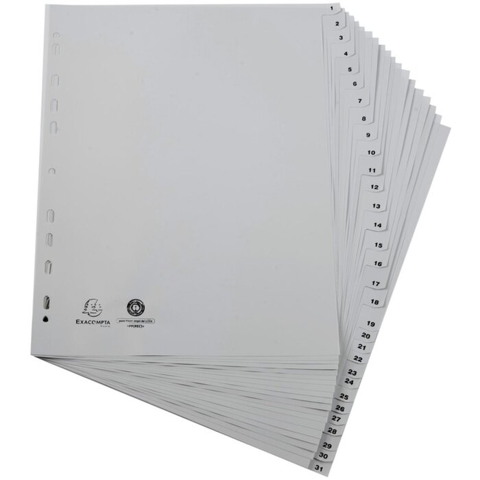 Registrul Exacompta A4+ din PP reciclabil gri 120µ, 31 tabele numerotate