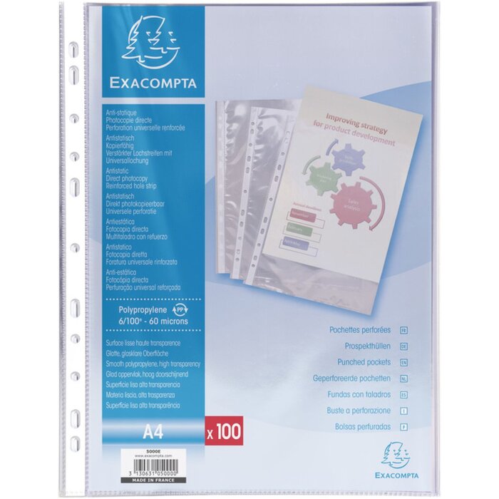 Cutie cu 100 de huse de prospect A4 Exacompta 5000E, polipropilen 60µ, cristal