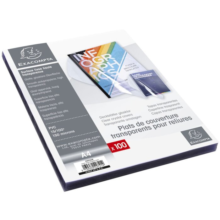 Capaci de binding Exacompta PVC 150µ, format DIN A4, cristal, 100 buc.