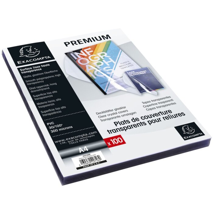 Pachet de 100 de coperte PVC 300µ DIN A4, cristal Exacompta