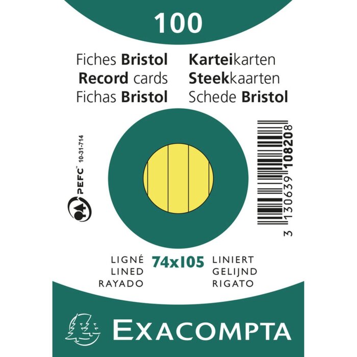 Exacompta fișe A7 liniate 100 buc. galben 74x105mm 205g/m²