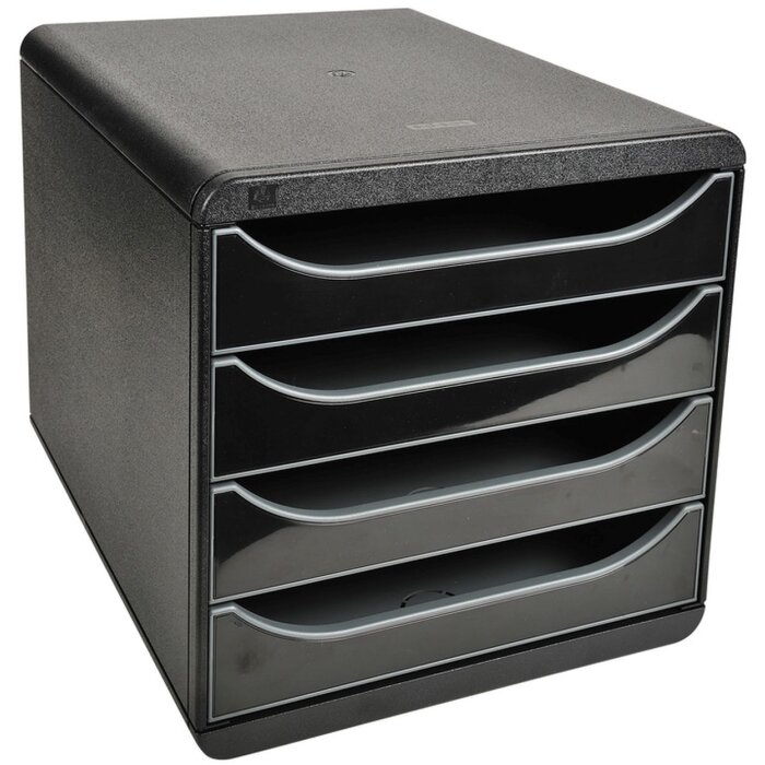 Exacompta Big Box Plus, cutie cu 4 sertare deschise, negru lucios
