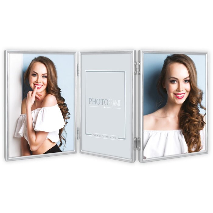 Cadru triplu Silvia 13x18 cm metal argintiu lucios pentru agățat și în picioare