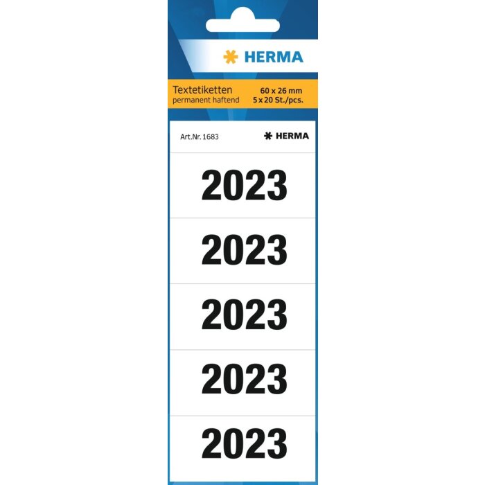 HERMA Anii 2023 pentru dosare, 60x26 mm, alb, adeziv permanent