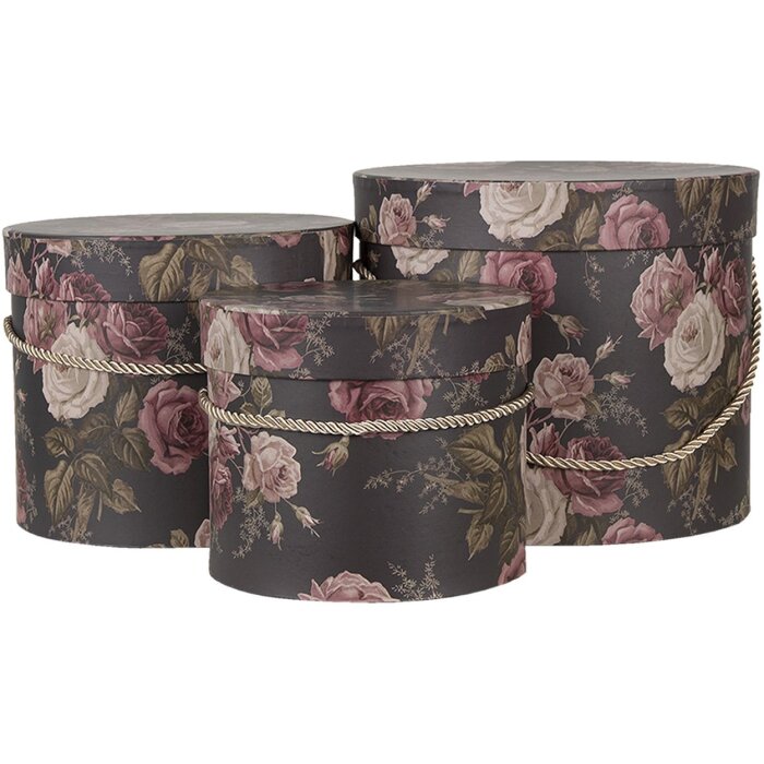 Set de 3 cutii rotunde pentru pălării, negru floral, Ø 23x20 cm