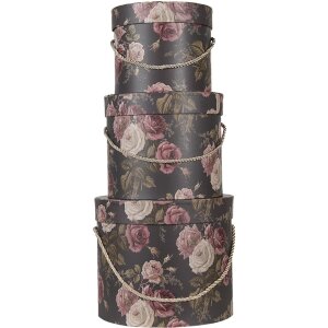 Set de 3 cutii rotunde pentru pălării, negru floral, Ø 23x20 cm
