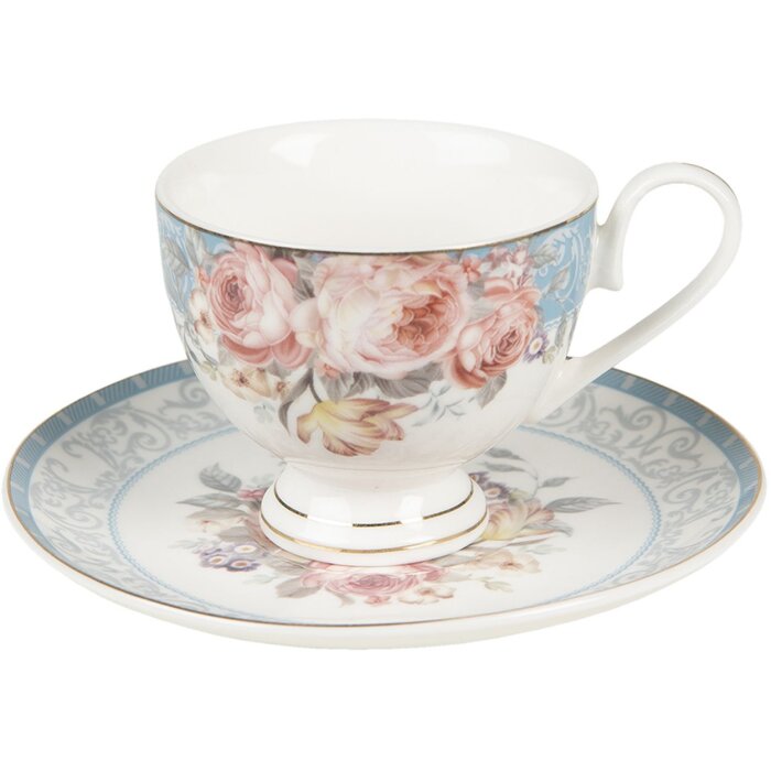 Clayre & Eef PECKS-2 Ceașcă de cafea cu farfurie Alb, albastru 200 ml