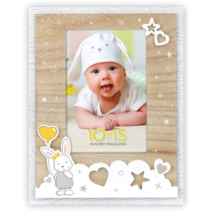 ZEP Baby-Fotorahmen Greta 10x15 cm Holzrahmen Hase Sterne Herzen