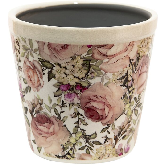 Clayre & Eef 6CE1409L Ghiveci de flori alb roz model floral ceramică 17x16 cm