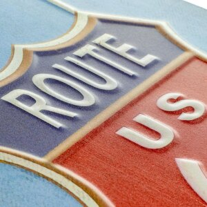 Placă metalică în formă de surf, motiv Historic Route