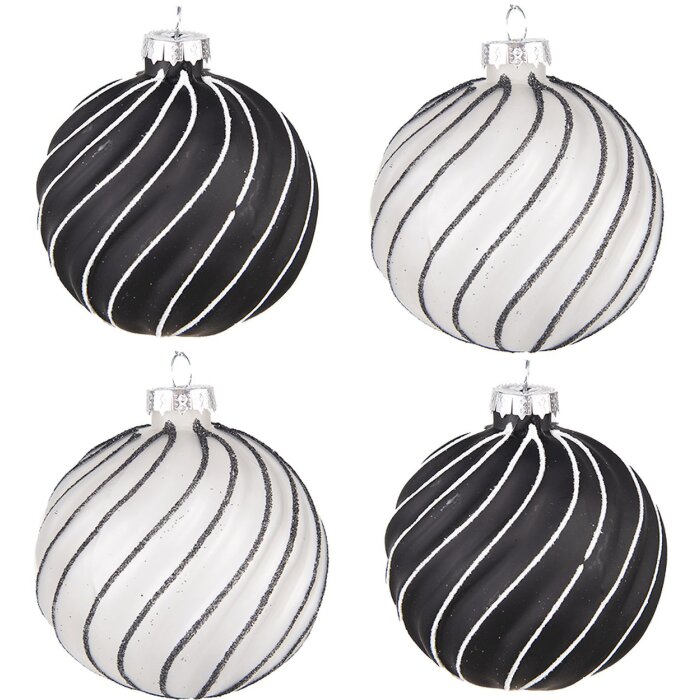 Set de 4 kugle de Crăciun Clayre & Eef Ø 8x8 cm, negru-gri, din sticlă