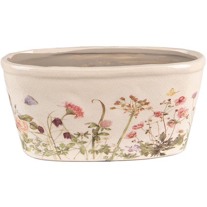 Vază decorativă ovală Clayre & Eef, ceramica, roz/beige, botanic