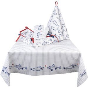 Draperie de masă Clayre & Eef SSF15 150x150 cm Albastru / Alb Pătrat