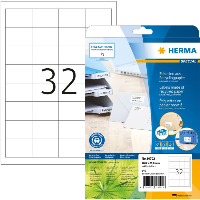 HERMA 10702 Etiketten Recyclingpapier A4 48.3x33.8mm weiß permanent