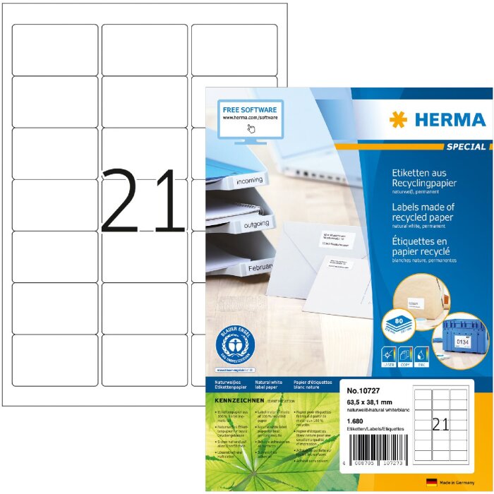 HERMA 10727 Recyclingpapier Etiketten A4 63.5x38.1 mm weiß permanent haftend