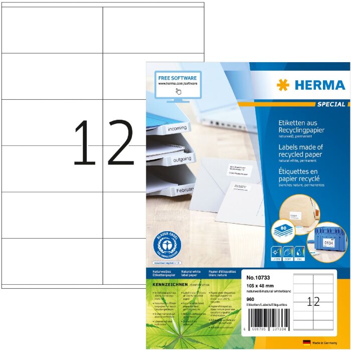 HERMA 10733 Recyclingpapier Etiketten A4 105x48 mm weiß permanent haftend