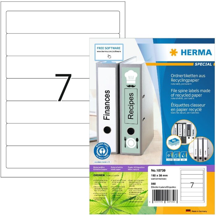 HERMA 10739 Ordneretiketten A4 192x38mm weiß permanent für schmale Ordner
