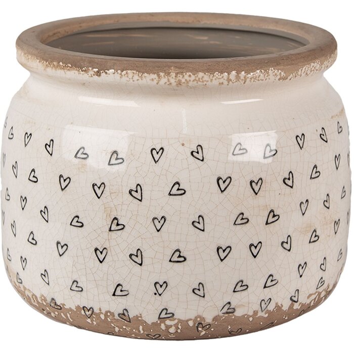 Clayre & Eef 6CE1653L Blumentopf Beige Schwarz Ø20x15 cm Keramik Herzmuster