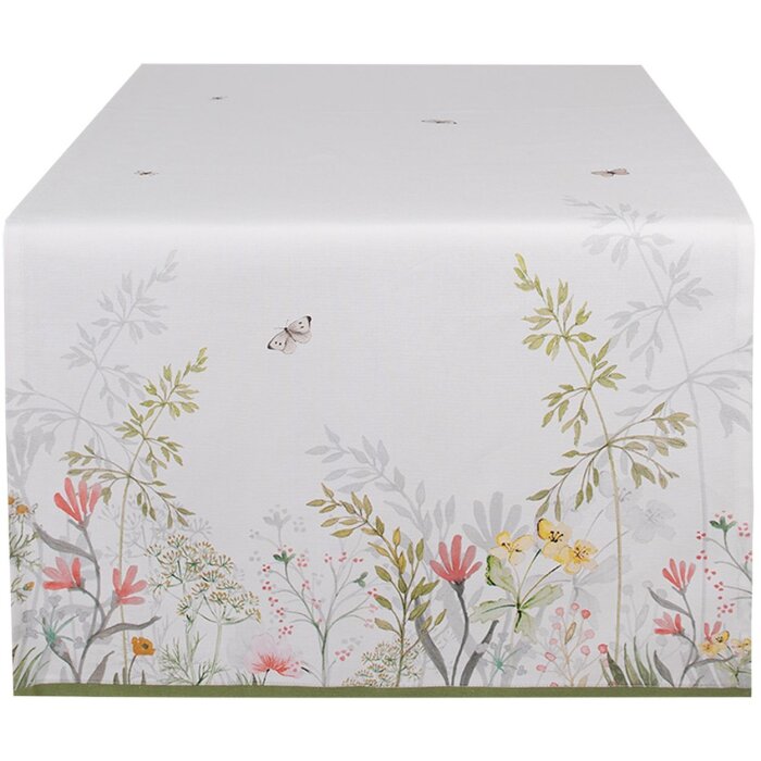 Clayre & Eef WFF64 Ruletă de masă alb verde 50x140 cm Bumbac Botanical Design